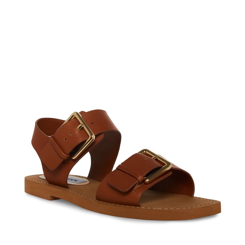 Sandalias Planas Steve Madden Santo Cuero Mujer Marrones | ES PN4160